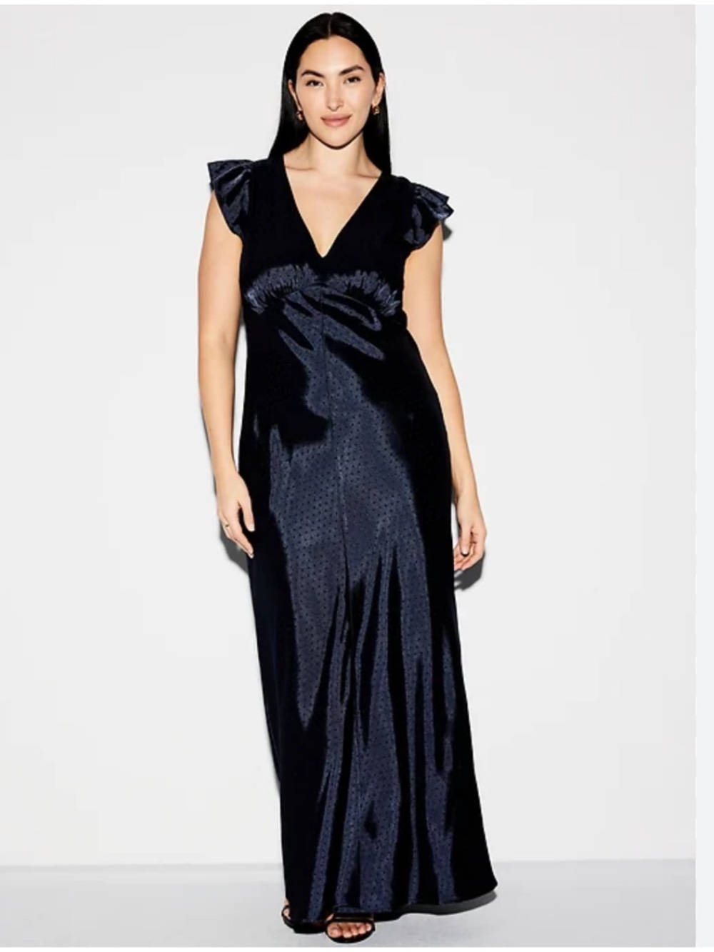 NWT The Occasion by Old Navy Flutter-Sleeve Satin‎ Maxi Dress Polka Dot Navy S